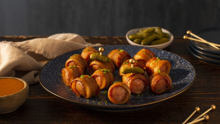 Sweet & Spicy Buffalo Bacon-Wrapped Sausages